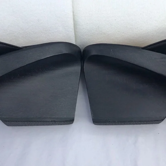 Ferragamo Wood & Leather Platform Peep Toe Slide/Mule w/3” Heel, Black - Picture 11 of 16